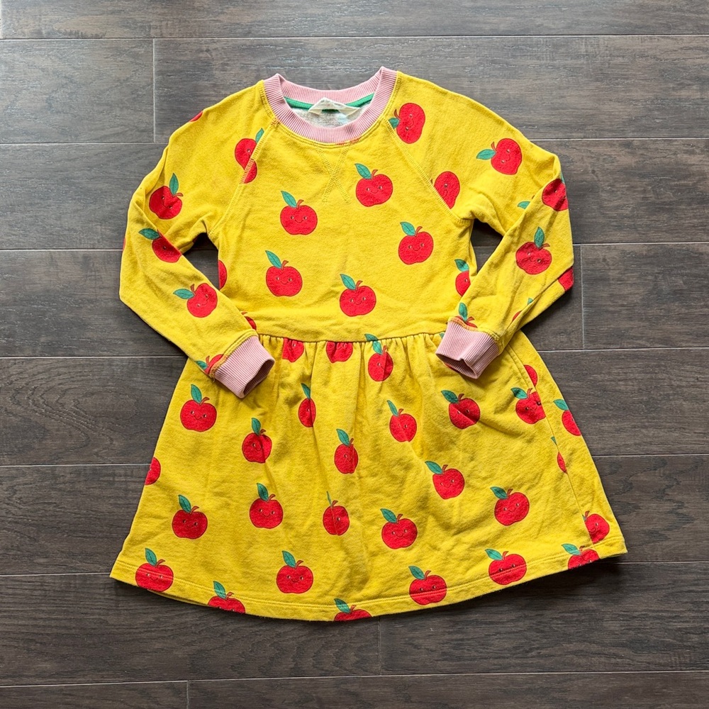 Mini Boden Yellow and Pink neckline and cuffs Knit Sweater Dress with red apples